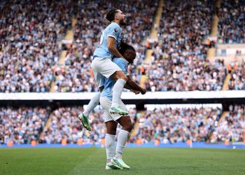 MANCHESTER, ENGLAND - SEPTEMBER 20: Antoine Semenyo of Manchester City celebrates scoring his team’s third goal with teammate Rayan Cherki during the Premier League 2026/27 match between Manchester City and Sunderland at Etihad Stadium on September 20, 2026 in Manchester, England. (Photo by Carl Recine/Getty Images)