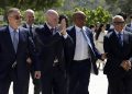 TOPSHOT - President of FIFA Gianni Infantino (2nd-L), CAF President Patrice Motsepe (2nd-R) and FRMF President Fouzi Lekjaa (L) attend the inauguration ceremony of the FIFA offices in Rabat, at the Mohammed VI Complex in Sale on July 26, 2025. The International Football Federation (FIFA) inaugurated a regional office near Rabat on July 25, the first in North Africa, five years before the 2030 World Cup co-hosted by Morocco. (Photo by Abdel Majid BZIOUAT / AFP) (Photo by ABDEL MAJID BZIOUAT/AFP via Getty Images)