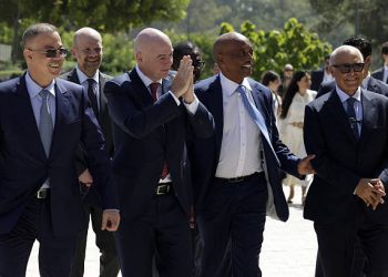 TOPSHOT - President of FIFA Gianni Infantino (2nd-L), CAF President Patrice Motsepe (2nd-R) and FRMF President Fouzi Lekjaa (L) attend the inauguration ceremony of the FIFA offices in Rabat, at the Mohammed VI Complex in Sale on July 26, 2025. The International Football Federation (FIFA) inaugurated a regional office near Rabat on July 25, the first in North Africa, five years before the 2030 World Cup co-hosted by Morocco. (Photo by Abdel Majid BZIOUAT / AFP) (Photo by ABDEL MAJID BZIOUAT/AFP via Getty Images)