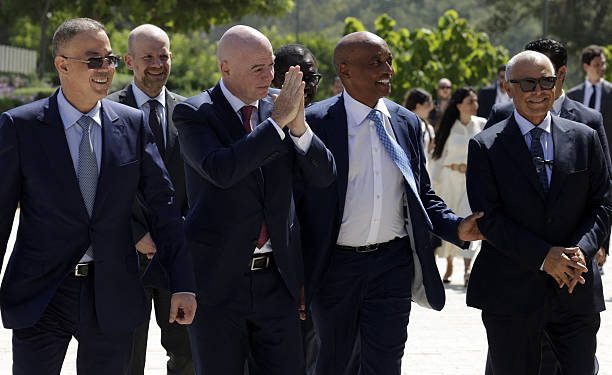 TOPSHOT - President of FIFA Gianni Infantino (2nd-L), CAF President Patrice Motsepe (2nd-R) and FRMF President Fouzi Lekjaa (L) attend the inauguration ceremony of the FIFA offices in Rabat, at the Mohammed VI Complex in Sale on July 26, 2025. The International Football Federation (FIFA) inaugurated a regional office near Rabat on July 25, the first in North Africa, five years before the 2030 World Cup co-hosted by Morocco. (Photo by Abdel Majid BZIOUAT / AFP) (Photo by ABDEL MAJID BZIOUAT/AFP via Getty Images)
