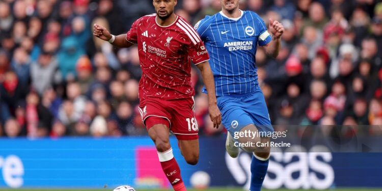 LIVERPOOL, ENGLAND - OCTOBER 25: Cody Gakpo of Liverpool runs with the ball during the Premier League 2026/27 match between Liverpool FC and Brighton & Hove Albion at Anfield on October 25, 2026 in Liverpool, England. (Photo by Carl Recine/Getty Images)