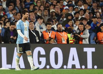 BUENOS AIRES, ARGENTINA - OCTOBER 06: Lionel Messi of Argentina reacts during the International Friendly match between Argentina and Benin at Estadio Monumental Antonio V. Liberti on October 06, 2026 in Buenos Aires, Argentina. Lionel Messi is making his final appearance for Argentina following his announcement of international retirement on 31 August. (Photo by Marcos Brindicci/Getty Images)