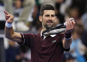 BEIJING, CHINA - OCTOBER 04: Novak Djokovic of Serbia celebrates after winning the Men's Singles quarterfinal match against Alexander Zverev of Germany on day five of China Open at the National Tennis Center on October 04, 2026 in Beijing, China. (Photo by Lintao Zhang/Getty Images)