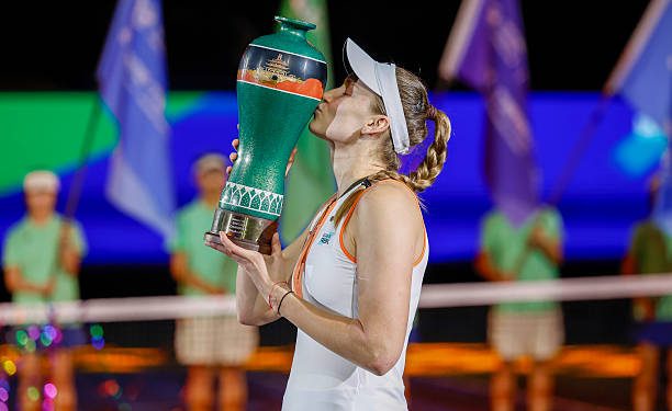 NINGBO, CHINA - OCTOBER 19: Champion Elena Rybakina of Kazakhstan celebrates with the trophy after winning the Women's Singles Final match against Ekaterina Alexandrova on day 7 of 2025 Ningbo Open at the Ningbo (Yinzhou) Tennis Center on October 19, 2025 in Ningbo, Zhejiang Province of China. (Photo by Xiao Jian/China News Service/VCG via Getty Images)