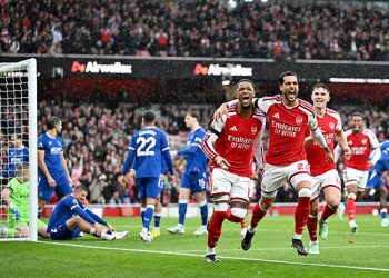 LONDON, ENGLAND - OCTOBER 24: Ezri Konsa of Arsenal celebrates scoring his team’s first goal with Mikel Merino during the Premier League 2026/27 match between Arsenal FC and Everton at Emirates Stadium on October 24, 2026 in London, England. (Photo by David Price/Arsenal FC via Getty Images)