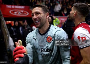 FLEETWOOD, ENGLAND - OCTOBER 27: Jay Lynch of Fleetwood Town celebrates after the Carabao Cup Fourth Round match between Fleetwood Town and Arsenal at Highbury Stadium on October 27, 2026 in Fleetwood, England. (Photo by Carl Recine/Getty Images)