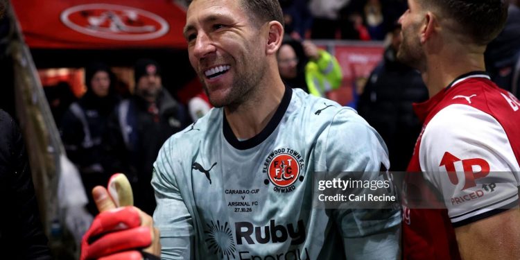 FLEETWOOD, ENGLAND - OCTOBER 27: Jay Lynch of Fleetwood Town celebrates after the Carabao Cup Fourth Round match between Fleetwood Town and Arsenal at Highbury Stadium on October 27, 2026 in Fleetwood, England. (Photo by Carl Recine/Getty Images)